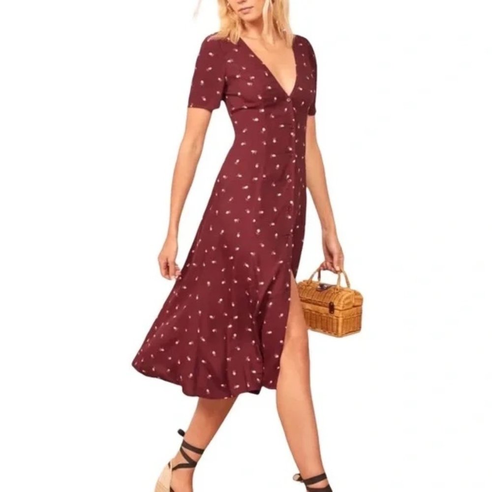 Reformation Locklin Floral Burgundy Button Front Midi Dress | 4